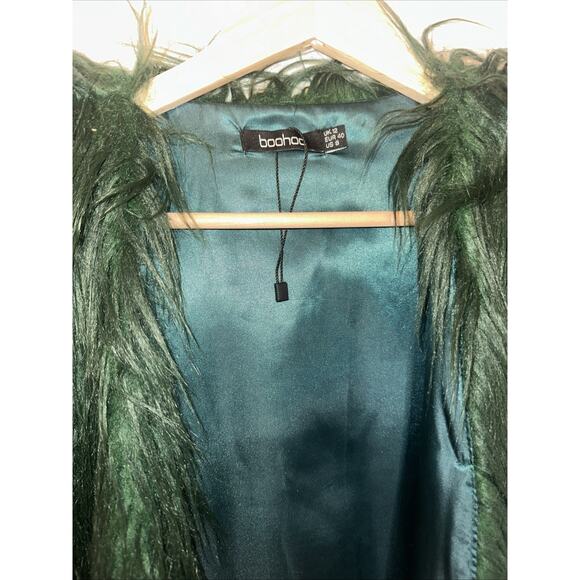 Boohoo Long Faux Fur Coat Green Size 8 Shaggy Open Front Glam Jacket Winter Chic - Picture 2 of 7